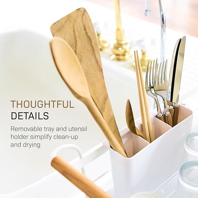YAMAZAKI Home Sink Dish Rack with Removable Drainer Tray, Kitchen Drying Organizer Holder, One Size, White Steel