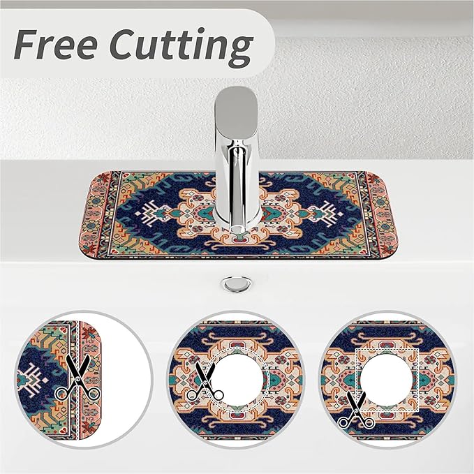 Faucet Draining Mat For Kitchen Sink, Ethnic Floral Diatom Mud Absorbent Drain Pad For Bathroom Kitchen Sink Splash Guard Drying Mat