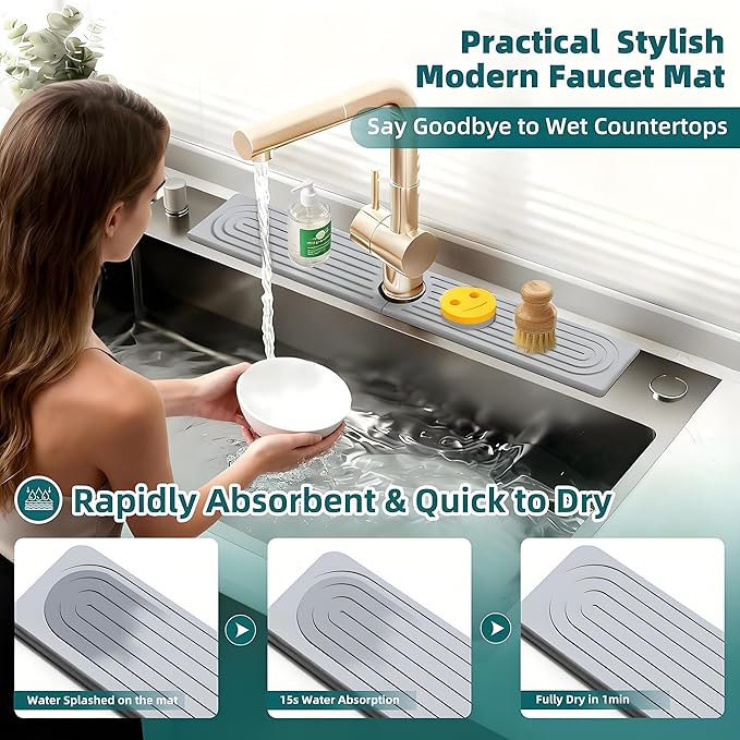 Diatomite Stone Faucet Mat for Kitchen Sink(23.6" x 3.9")- Super Absorbent & Quick-Drying Sink Faucet Mat, Durable Kitchen/Bathroom Sink Protector Sink Stone Quick Dry Around Faucet Christmas Gifts