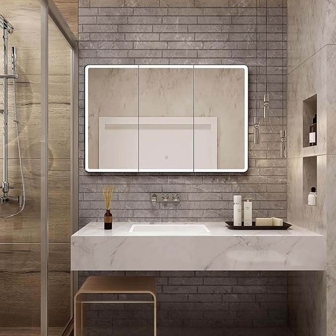 Lighted Bathroom Medicine Cabinet with Round Corner Framed Mirror Door 40 x 25.5 inch, Recessed or Surface Mount, with Adjustable Glass Shelves