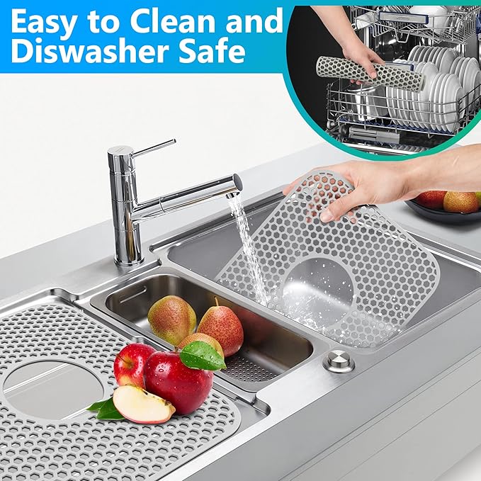 Sink Protectors for Kitchen Sink,2 PCS Silicone Kitchen Mat 13.58"x11.6",Non-Slip Bottom Guard Compatible with Farmhouse/Stainless Steel/Porcelain(Grey, Ceter Drain)