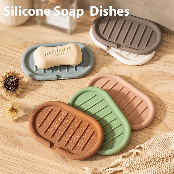 Self-Draining Oval-Shaped Silicone Soap Dish, Soap Holder/Tray/Saver for Shower, Bathroom, Kitchen, Keep Soap Dry, Easy to Clean (3, Light Color)