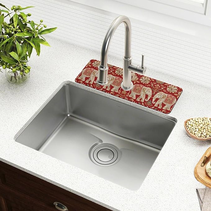 Kitchen Sink Splash Guard 1 PC 14.7 Inch Sink Faucet Mat Splash Guard for Bathroom Countertop Water Absorbent Foldable Cuttable Soft Washable Red Retro Elephant Flowers