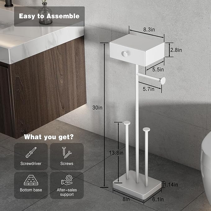 VOLDRA Toilet Paper Holder Stand with Shelf, Free Standing Toilet Paper Roll Holder with Wipes Storage Drawer Heavy Duty Floor Bathroom Tissue Holder Freestanding No Drill Tp Holder for 7 Rolls(White)