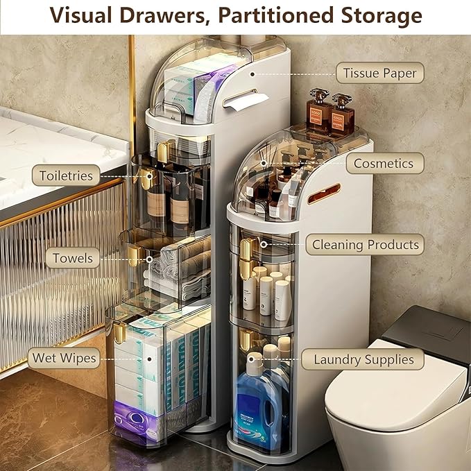 2-Tiers Narrow Bathroom Floor Storage Cabinet 7.1″ Plastic Drawers Organizer with Tissue Box and Wheels Slim Waterproof Bathroom Cabinet for Small Kitchen Laundry Living Room Toilet Gap