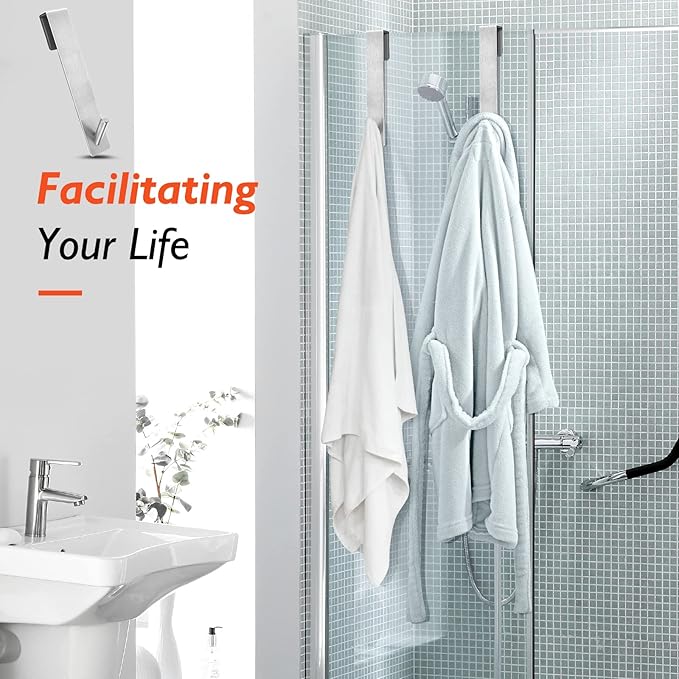Shower Door Hooks(7.5 Inch),Extended Over Door Hooks for Bathroom Frameless Glass Shower Door,Stainless Steel Towel Hooks,Heavy Duty Rack Hooks for Robe,Towel-2 Pack-Silver