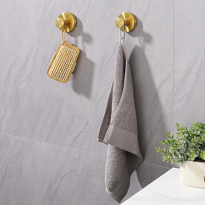 Suction Cup Hooks for Shower 2 Pack Stainless Steel No Drill Removable Waterproof Rustproof for Bathroom Kitchen Glass Mirror Tile to Hang Towels Robes Loofah Wreath (Brushed Gold)