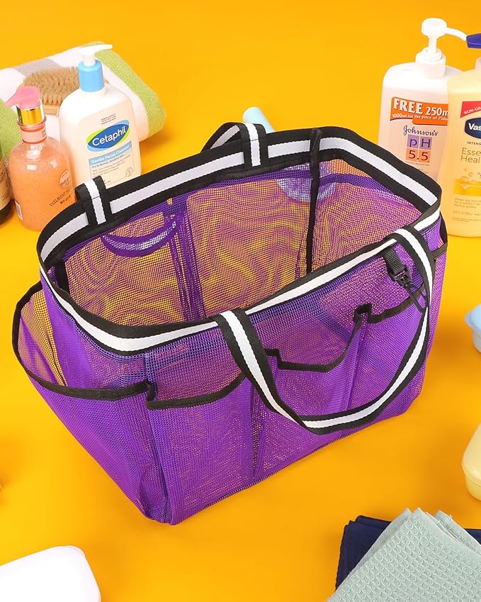 Ocim Large Portable Mesh Shower Caddy Bag Tote for Big Size Shampoo Bottles, Collapsible Quick Dry for College Dorm, Camping, Beach Pool Bathroom, Purple