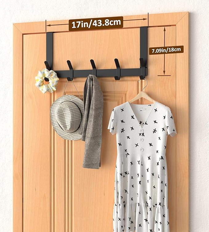 Over The Door Hooks Hanger with 7" Extended Arms for Hanging, J7U, Perfectly Fits US Standard 1 3/8-inch Doors, Towel Rack Organizer Holder, Matte Black