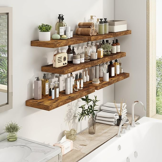 Fun Memories 36 Inch Floating Shelves - Rustic Wooden Wall Shelves - Wall Mounted Storage Shelf with Invisible Brackets - Extra Deeper & Thicker for Living Room, 36" W x 9.3" D x 1.5" H - Rustic Brown