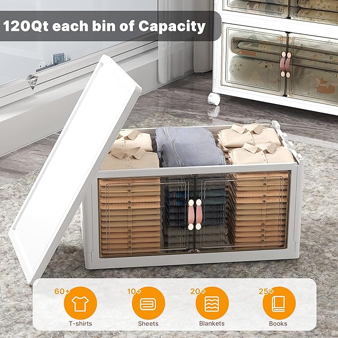 Extra Large Stackable Storage Bins with Lids & Wheels & Door, 672QT-112QT/28GAL*6Pack Foldable Collapsible Closet Organizers, Plastic containers drawers for bedroom Dorm