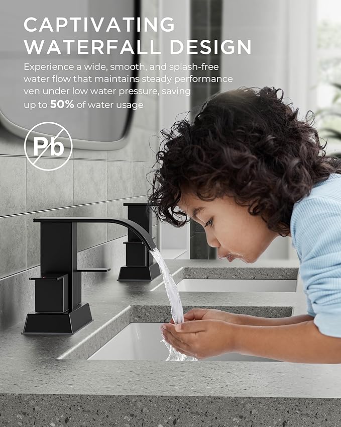 FORIOUS 4 Inch Centerset Matte Black Bathroom Faucet, 2 or 3 Hole Waterfall Square Bathroom Sink Faucet with Metal Pop-up Drain and Supply Lines, Two Handles for Vanity, Lavatory Room, Pedestal