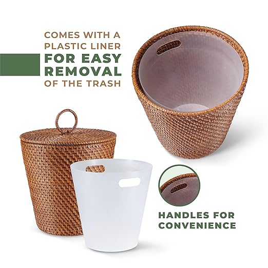 3 Gallon Rattan Trash Can with Lid and Liner - Wicker Trash Can for Bathroom, Bedroom, Kitchen, Living Room