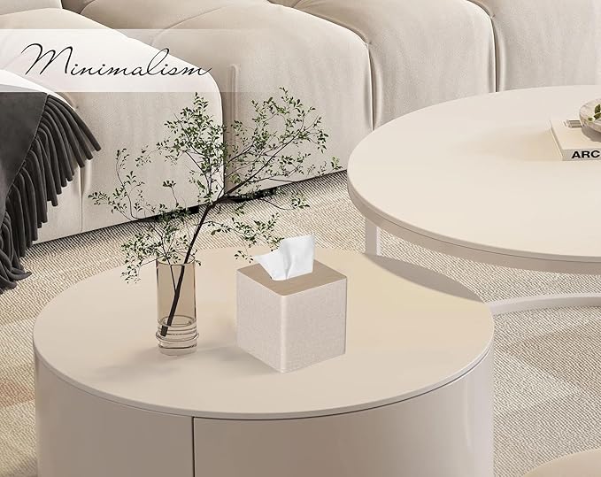 Tissue Box Cover Square PU Leather Facial Tissue Box Holder for Dresser Bathroom Decor (Beige)