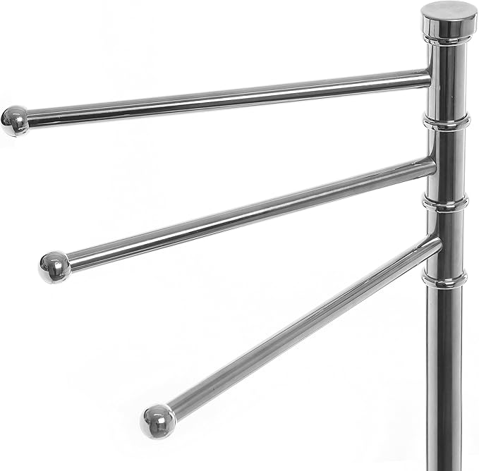 MyGift 38 Inch Silver Metal Freestanding Towel Rack for Bathroom with 3 Swivel Arms and Sturdy Round Base
