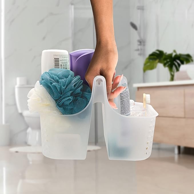 Brookstone Portable Shower Caddy Basket - BPA Free Hard Plastic Shower Caddy with Handle, College Dorm Room Essentials for Bathroom Accessories and Cabinet Organizer, Frosted Clear