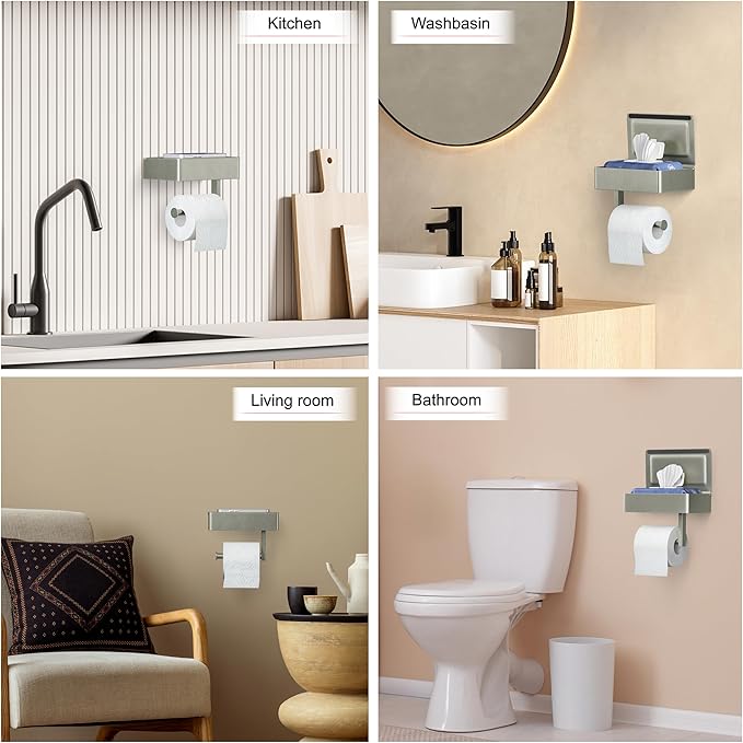 Brushed Nickel Toilet Paper Holder Wall Mounted with Shelf & Wipes Storage – Stainless Steel SUS304 Modern Toilet Tissue Roll Holder for Bathroom, Kitchen – Adhesive and Screw Installation