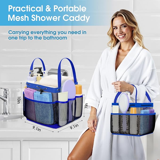 Mesh Shower Caddy Portable with Drawstring, 1 Main Compartment+ 7 Pockets, College Dorm Room Essentials for Girls, Shower Organizer Hanging Bag for Beach, Camp, Swim, Gym, Travel(Blue)