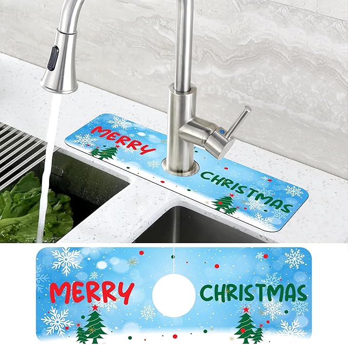 Christmas Tree Snowflakes Dish Drying Mat for Kitchen Sink Splash Guard Behind Faucet Sink Mat Absorbent Fast Drying Faucet Draining Mat for Bathroom Kitchen 5.5"×15"