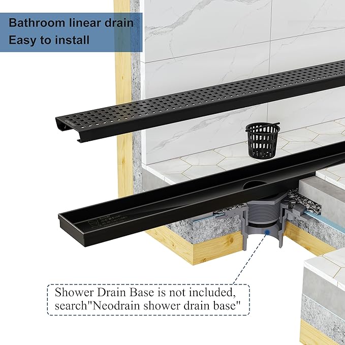 Neodrain 40" Black Linear Shower Drain with Removable Quadrato Pattern Cover, 304 Stainless Steel Rectangle Shower Floor Drains, Matte Black Linear Drain&Leveling Feet, Hair Strainer, CUPC Certified