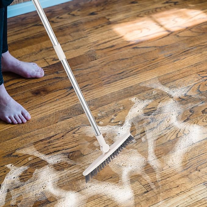 CLISPEED Rotating Long Handle Scrub Brush with Stiff Bristles for Floor Gap and Tile Crevice Cleaning, Bathroom and Shower Scrubber Tool, Beige