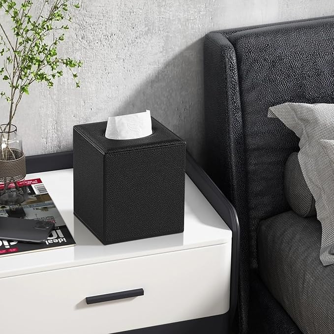 PU Leather Tissue Box Cover Square Tissue Box Holder with Magnetic Closure, Decorative Tissue Holder for Bathroom Bedroom Office (Black)
