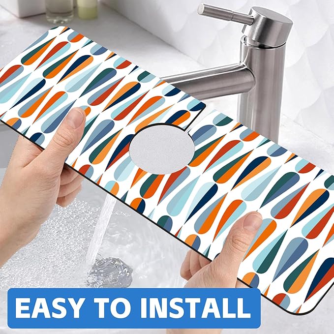 Mid-Century Drop Shapes Kitchen Sink Splash Guard Mat Absorbent Fast Drying Mat Faucet Draining Mat Sink Splash Guard Behind Faucet Drip Catcher for Kitchen Bathroom 5.5"×15"