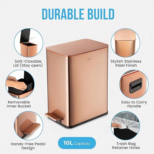 RED FACTOR Slim 2.6 Gallon Stainless Steel Pedal Trash Can with Soft Close Lid for Narrow Spaces – Wastebasket Bin with Removable Inner Bucket for Bathroom, Kitchen, Bedroom or Office (Copper)