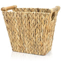 Woven Waste Basket, Water Hyacinth Trash Can with Wooden Handles, Boho Handwoven Storage Container, Rustic Bathroom Garbage Bin, Decorative Magazine Holder for Home, Bedroom, Laundry, Office