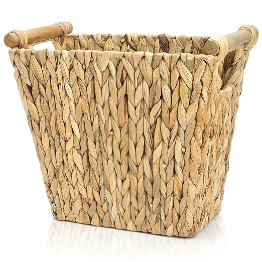 Woven Waste Basket, Water Hyacinth Trash Can with Wooden Handles, Boho Handwoven Storage Container, Rustic Bathroom Garbage Bin, Decorative Magazine Holder for Home, Bedroom, Laundry, Office