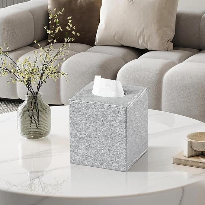 PU Leather Tissue Box Cover Square Tissue Box Holder with Magnetic Closure, Decorative Tissue Holder for Bathroom Bedroom Office (Silver)