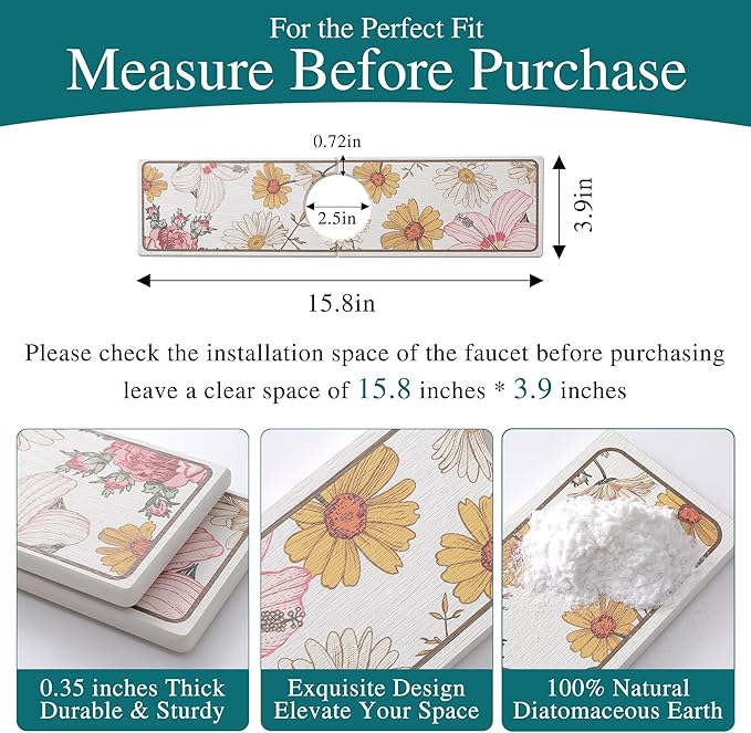 Stone Faucet Mat for Kitchen Sink, Diatomite Stone Sink Tray, 15.8" Super Absorbent Mat for Bathroom Counter, Prevents Moisture Buildup, Stone Drying Mat, Fast Drying Faucet Splash Guard