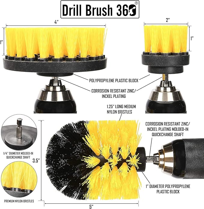 Original Drill Brush 360 Attachments 3 Pack kit Medium- Yellow All Purpose Cleaner Scrubbing Brushes for Bathroom Surface, Grout, Tub, Shower, Kitchen, Auto,Boat,RV