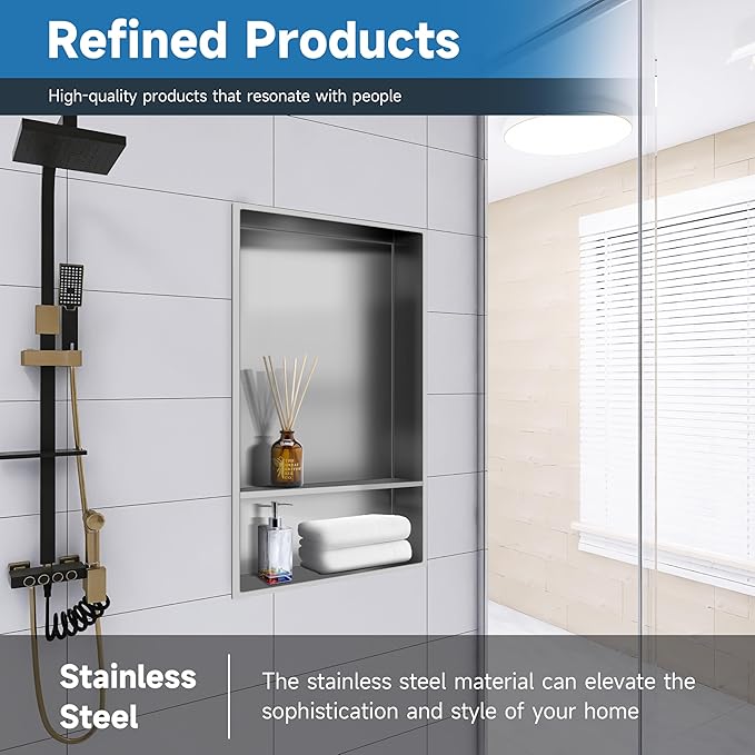 Shower Niche Insert Tile Ready, Bath Niche 13 × 25 Double Shelves, Recessed Niche Shower for Bathroom Storage, Brushed Nickel