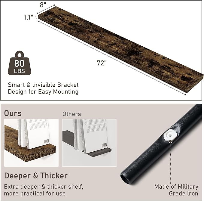 Fun Memories 72 Inch Floating Shelves for Wall 8 Inch Deep Rustic Brown Shelves Set of 2, Wall Mounted Rustic Wood Long Floating Shelf, Large Display & Storage Shelf with Invisible Brackets