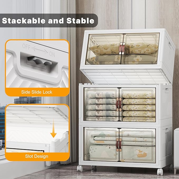 Extra Large Stackable Storage Bins with Lids & Wheels & Door, 672QT-112QT/28GAL*6Pack Foldable Collapsible Closet Organizers, Plastic containers drawers for bedroom Dorm