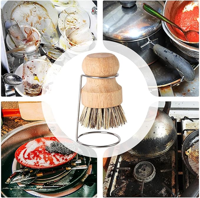Wooden Dish Cleaning Brush – Durable Bristle Scrubber with Holder Rack for Washing Utensils Cookware Sinks Bath Surfaces Tiles | Household Scrub Tool for Kitchen Bathroom Utility Tasks