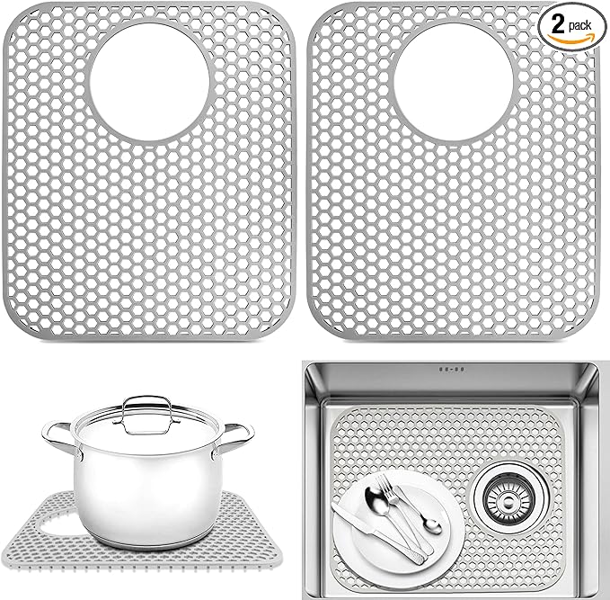 Sink Protectors for Kitchen Sink,2 PCS Silicone Kitchen Mat 13.58"x11.6",Non-Slip Bottom Guard Compatible with Farmhouse/Stainless Steel/Porcelain(Grey, Rear Drain)
