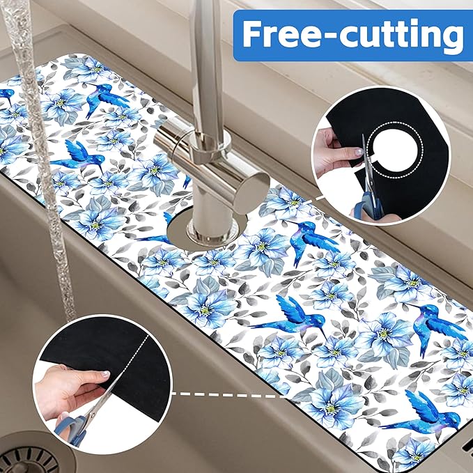 Kitchen Sink Splash Guard Faucet Mat Blue Floral and Hummingbird Absorbent Fast Drying Mat Faucet Draining Mat Sink Splash Guard Behind Faucet Drip Catcher for Kitchen Bathroom 24" X 5.5"