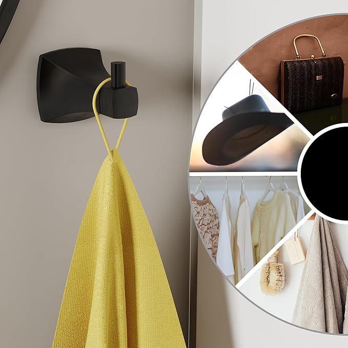 Towel Hooks for Bathrooms, 2 Pack Matte Black Stainless Steel and Zinc Alloy Hand Towel Holder Wall Mount, Heavy Duty Hanging Hooks for Kitchen, Closet, Pool, Coats, Shower, Robe