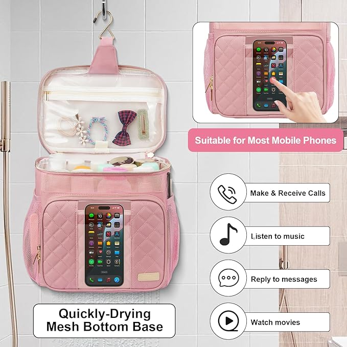 Portable Shower Caddy (Full Size Bottle Compatible),Travel Shower Tote Bag with Quick Dry Mesh Base,Hanging Toiletry Cosmetic Bag for Gym,College,Camping & Dorm, Pink