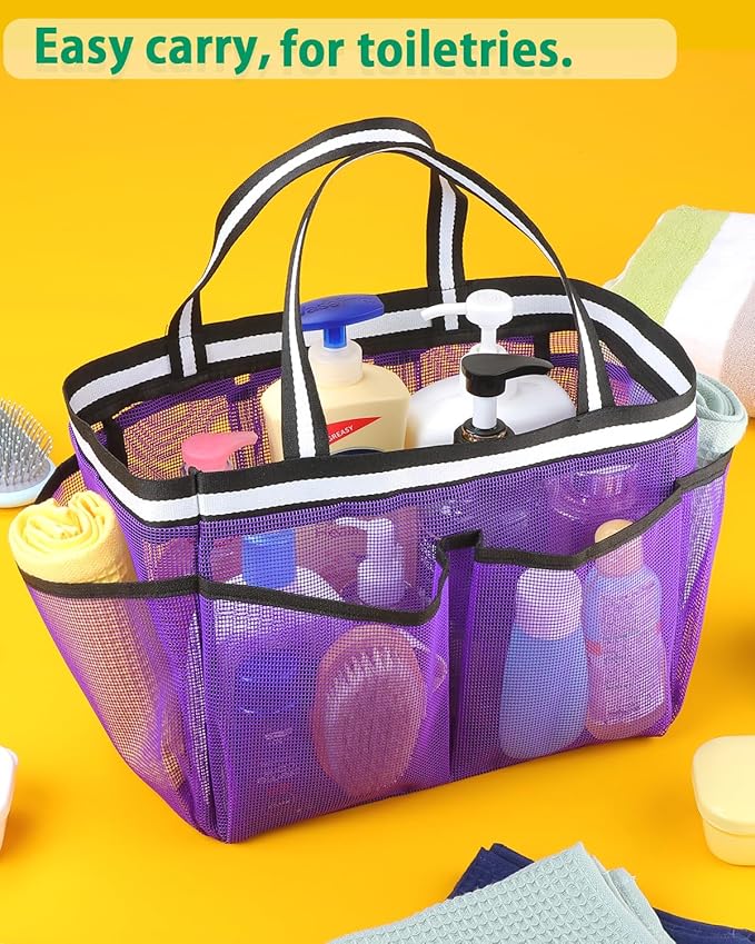 Ocim Large Portable Mesh Shower Caddy Bag Tote for Big Size Shampoo Bottles, Collapsible Quick Dry for College Dorm, Camping, Beach Pool Bathroom, Purple