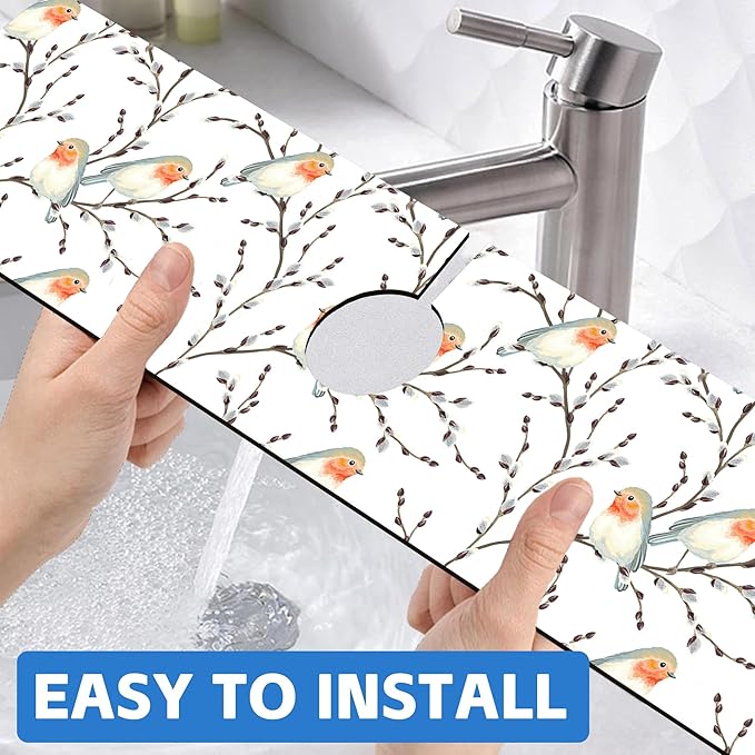 Willow Branches and Robin Dish Drying Mat for Kitchen Sink Splash Guard Behind Faucet Sink Mat Absorbent Fast Drying Faucet Draining Mat for Bathroom Kitchen 5.5"×24"