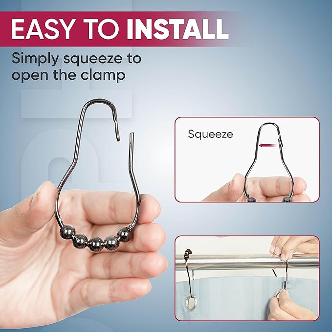 Shower Curtain Hooks Rust Proof (Set of 12) - Stainless Steel Shower Curtain Rings - Anti Slip Roller Balls for Easy Glide (Secure Lock Hooks, Bronze)