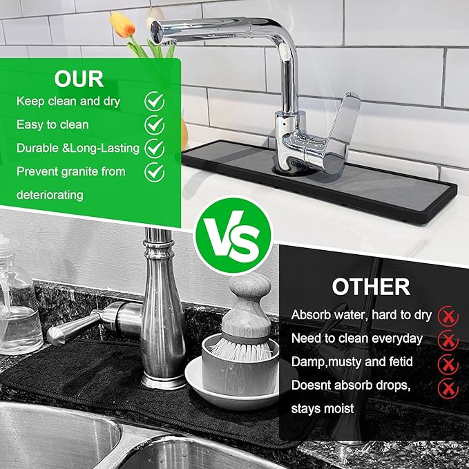 Gosmol Faucet mat for Kitchen Sink, Silicone & Stone Drying Mat for Kitchen Sink, Water Absorbing Stone Tray for Sink, Prevents Moisture Buildup - Sink Splash Guard for Bathroom Counter -Black