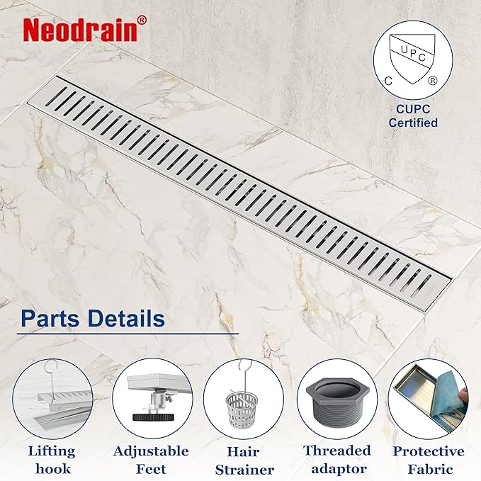 Neodrain 18" Brushed Linear Shower Drain Shower Linear Drain, Removable Capsule Pattern Grate, Bathroom 304 Stainless Steel Rectangle Shower Floor Drains- CUPC Certified