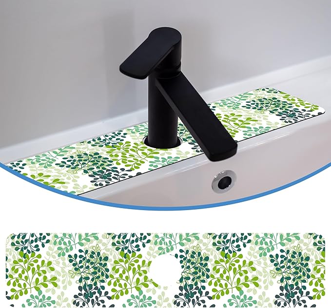 Green Leafy Faucet Mat for Kitchen Sink Verdant Vein, Soft Diatom Mud Material, Strong Water Absorption, Non-slip, Easy to Clean for Bathroom, Kitchen 23.5"X5.5"