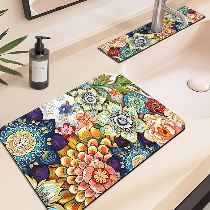 24.5" x 15.5" Dish Drying Mat & 24" x 5.5" Sink Splash Guard, Super Absorbent Drainer Rack Mat for Kitchen Counter Coffee Bar