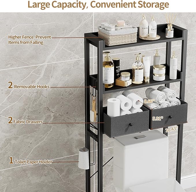 Housolution Over The Toilet Storage with 2 Drawers, 3 Tier Over Toilet Bathroom Organizer with Height Adjustable Shelves and Hooks, Space Saver Above Toilet for Bathroom/Restroom/Laundry, Black