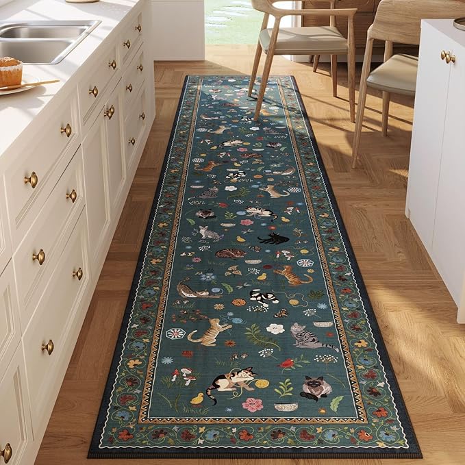 Rugcomf Runners for Kitchen Runner Rug Non Slip 2'x10' Long Washable Rugs with Rubber Backing Soft Floral Animal Cat Carpet Runner for Kitchen Laundry Bedroom Bathroom, Pearl Gentian Blue